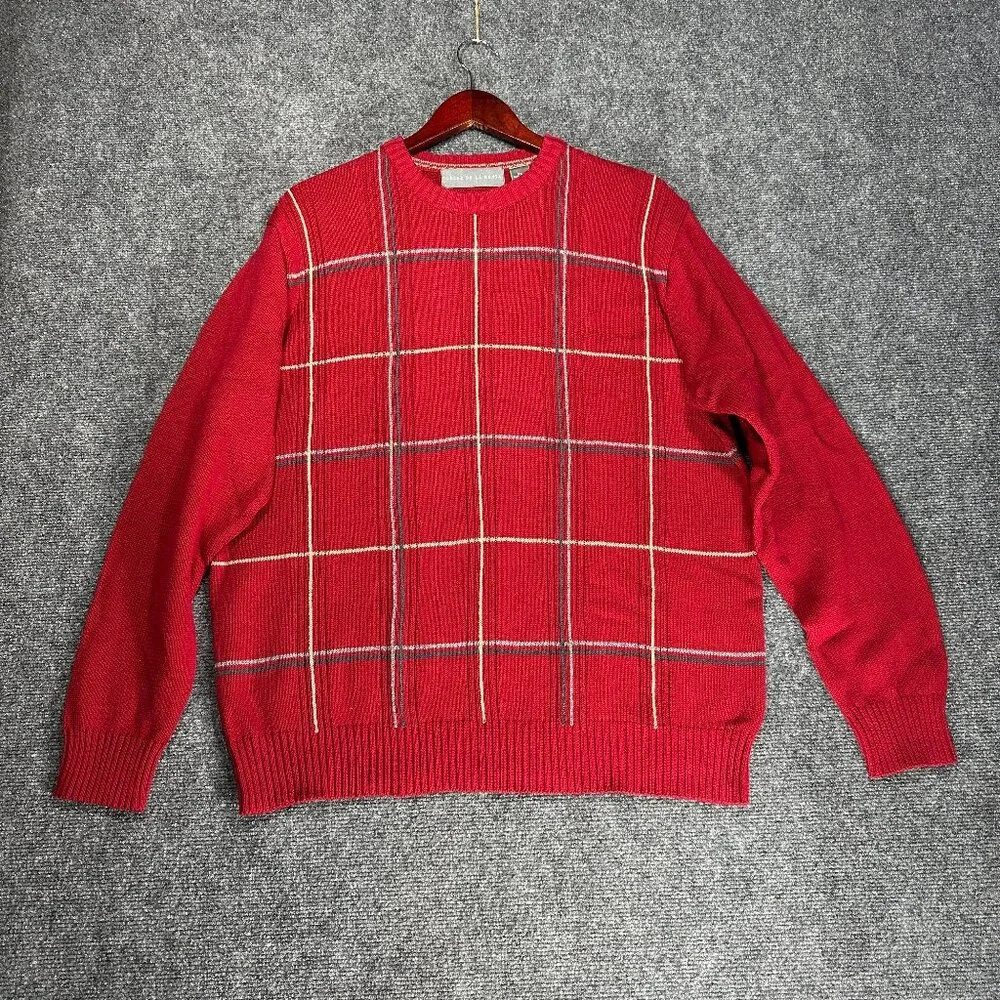 Oscar De La Renta Sweater Mens XL Red Plaid Cotton Crew Neck Ribbed Cuffs Hem